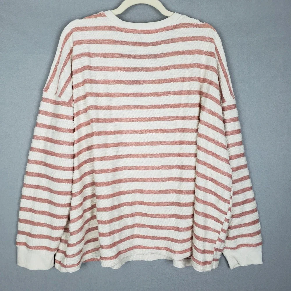 Maurices 3X Lace Up Neck Hanley Pullover Cream Mauve Stripe‎ Spring Fisherman